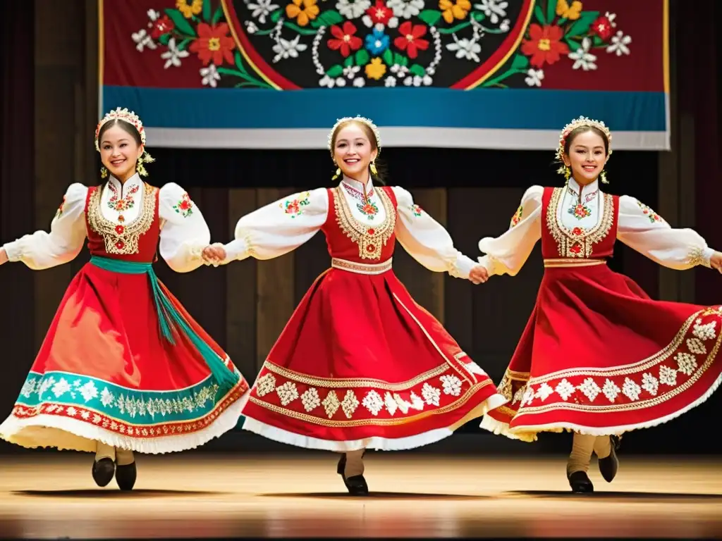 Un grupo de bailarines folclóricos rusos con trajes tradicionales, danza con gracia y orgullo en un escenario de madera decorado con motivos de arte popular, reflejando el significado cultural de la vestimenta en la danza folklórica rusa