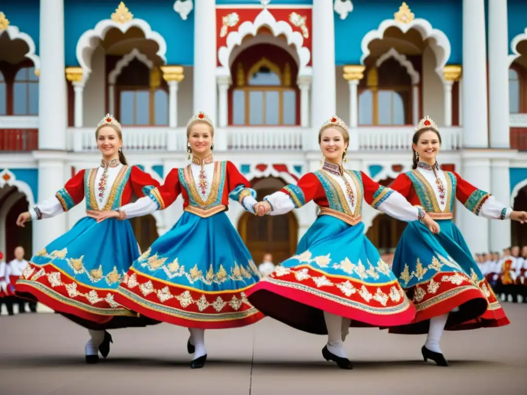 Grupo de bailarines folclóricos rusos con trajes tradicionales ricamente bordados, danza frente a un palacio ruso