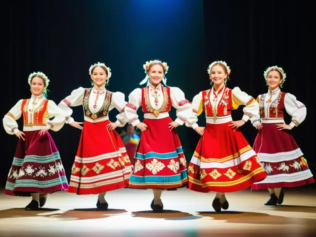 Un grupo de bailarines folclóricos rusos en trajes tradicionales, unidos en un círculo mientras realizan una danza dinámica y llena de energía