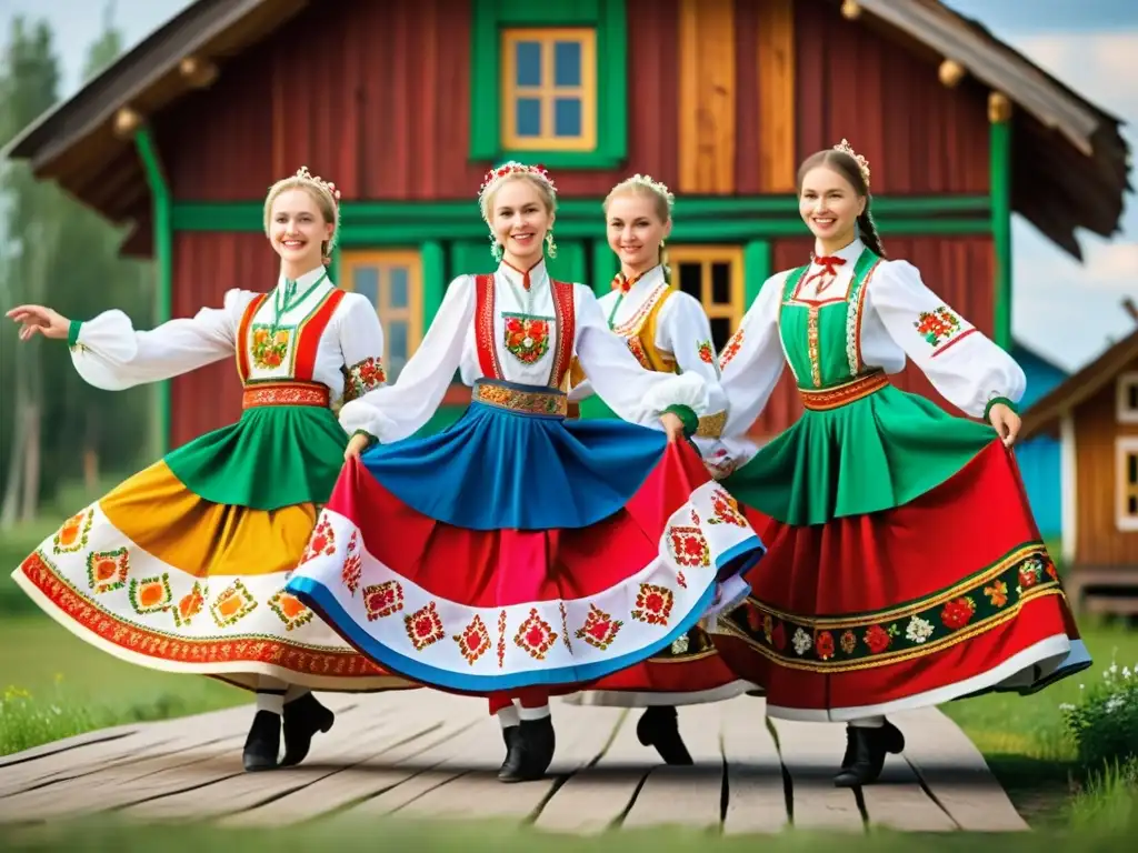 Grupo de bailarines folclóricos rusos con trajes vibrantes, realizando una danza tradicional con expresivos gestos