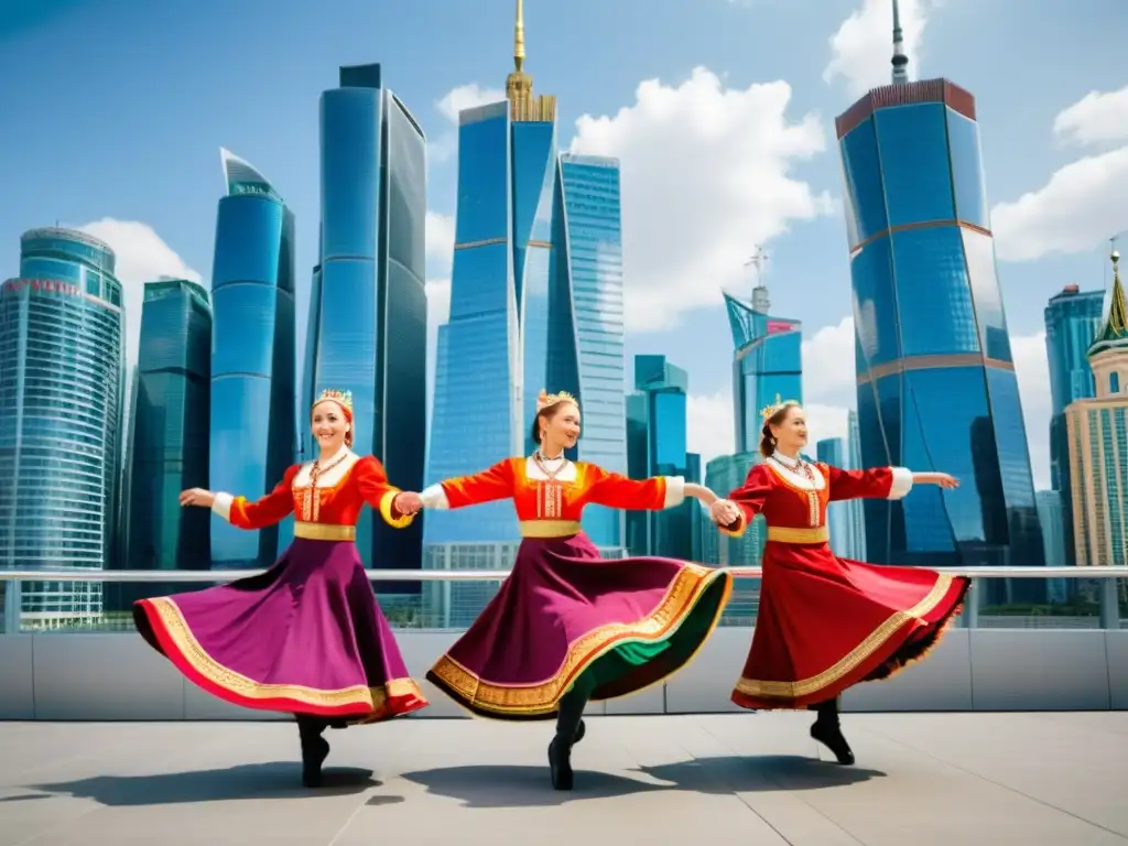 Grupo de bailarines folclóricos rusos con trajes tradicionales realizando una danza en ambiente urbano, mostrando adaptaciones del folclore ruso