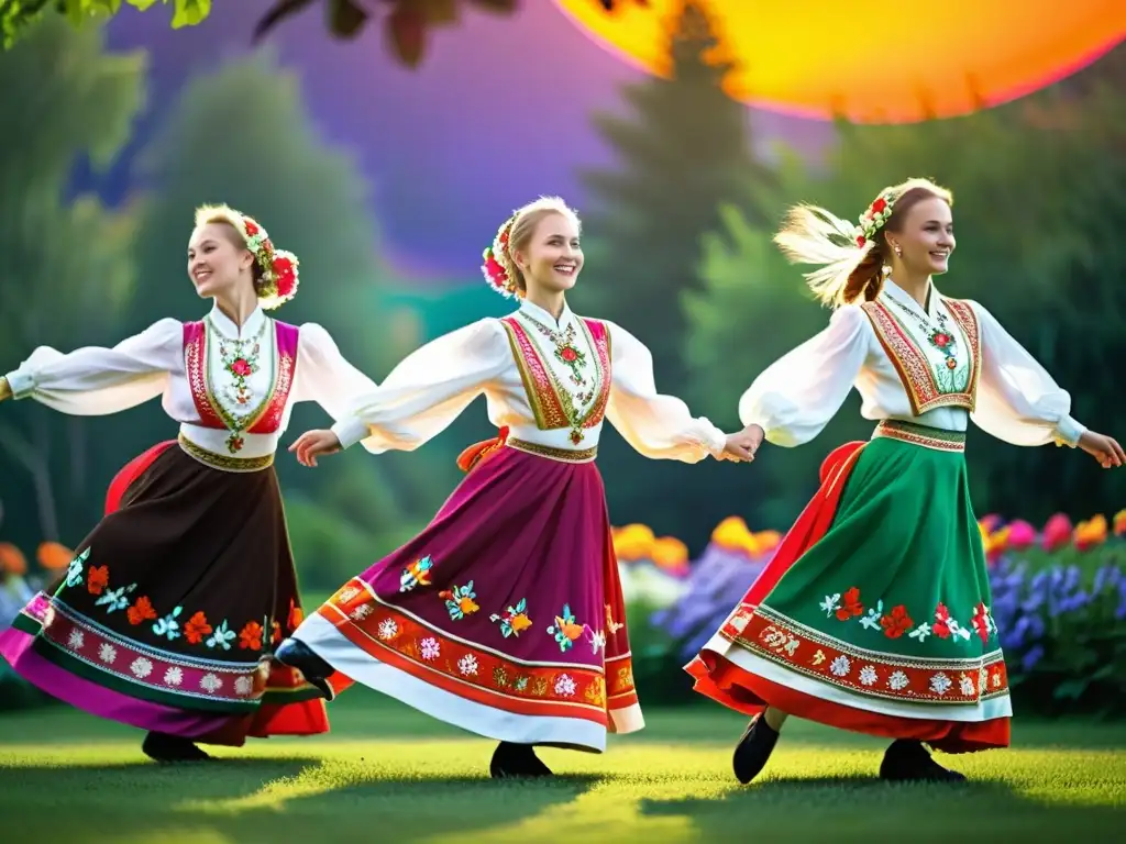 Un grupo de bailarines folclóricos rusos danzando Kalinka en trajes vibrantes, rodeados de naturaleza exuberante y flores coloridas