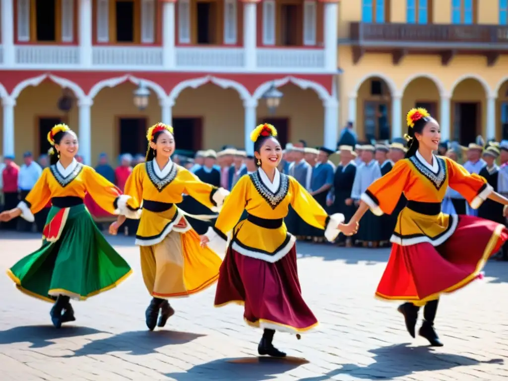 Un grupo de bailarines folclóricos tradicionales realiza una rutina animada y sincronizada en una plaza bulliciosa