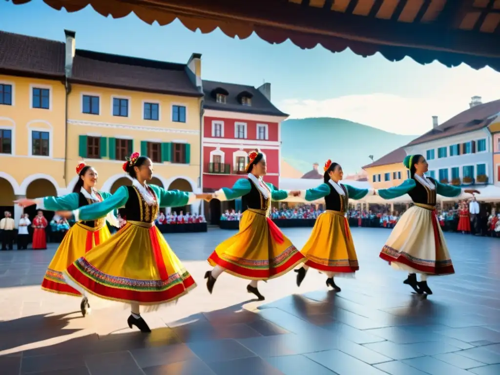 Grupo de bailarines folclóricos tradicionales en una animada actuación en la plaza del pueblo