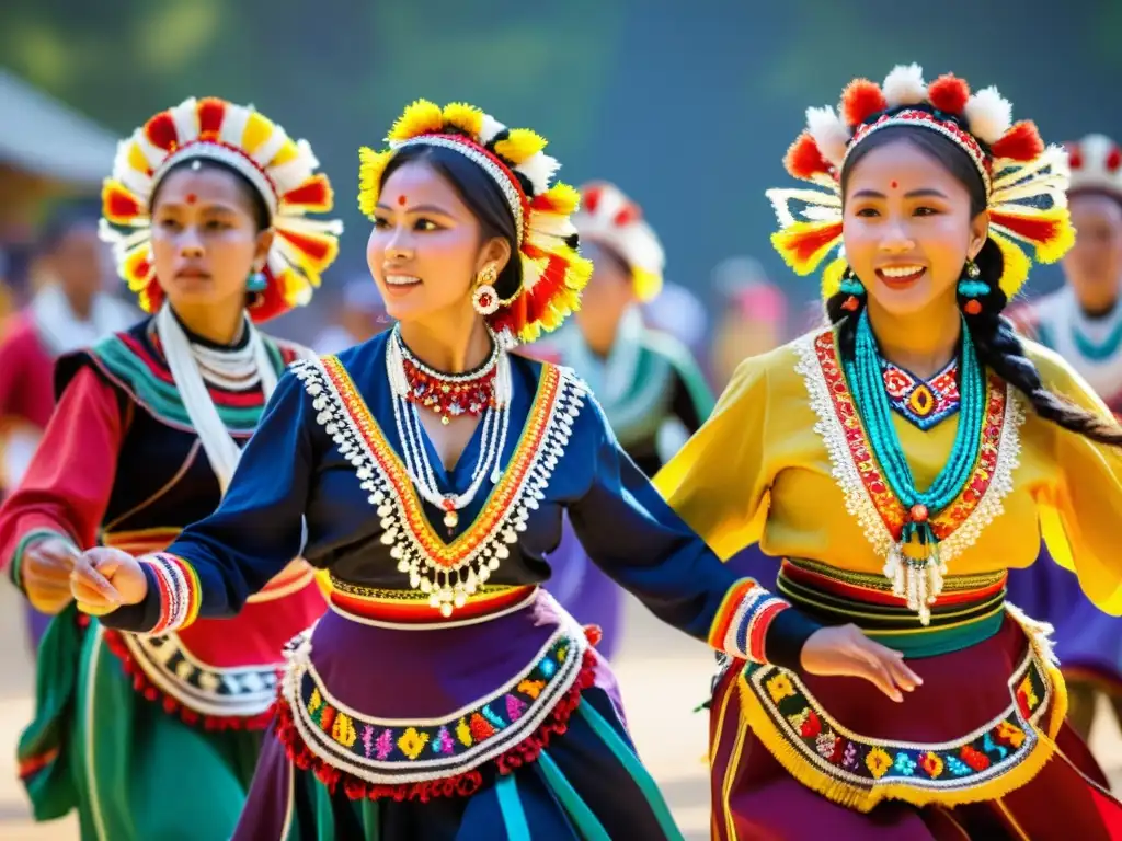 Grupo de bailarines folclóricos con trajes vibrantes y accesorios culturales significativos