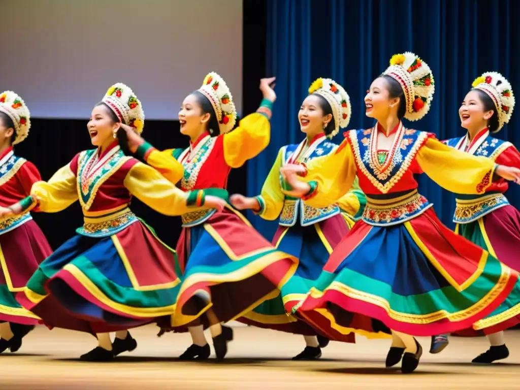 Grupo de bailarines folclóricos con trajes vibrantes que simbolizan el significado cultural de la danza folclórica