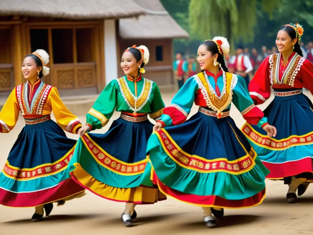 Un grupo de bailarines folclóricos vistiendo trajes vibrantes y detallados, resaltando la riqueza cultural