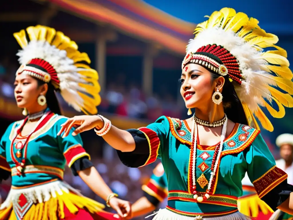 Grupo de bailarines folclóricos con trajes vibrantes y significado cultural en una presentación llena de color y energía