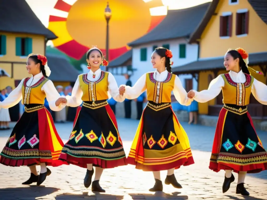 Grupo de bailarines folclóricos en trajes vibrantes y detallados realizan una danza energética en una plaza de pueblo