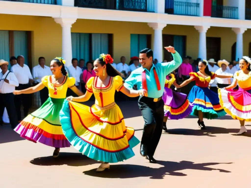 Grupo de bailarines folclóricos en trajes coloridos y vibrantes, danzando la cumbia en una plaza latinoamericana