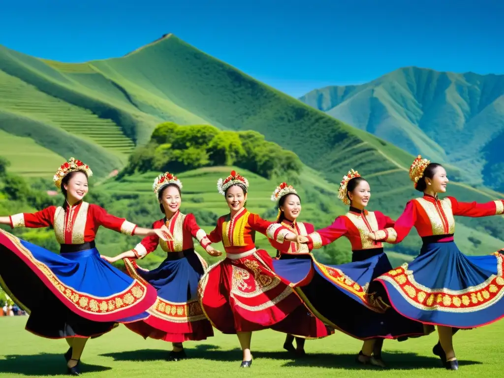 Un grupo de bailarines folclóricos con trajes vibrantes y patrones intrincados realizan una rutina animada en un escenario natural