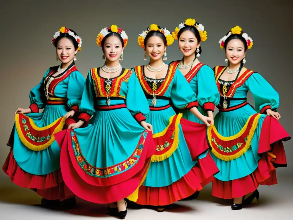 Grupo de bailarines folclóricos con trajes vibrantes y detallados, danzando con gracia y tradición