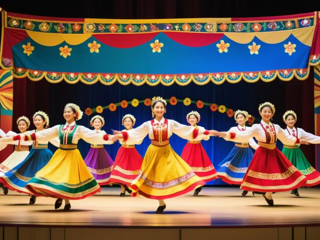 Un grupo de bailarines folclóricos en trajes vibrantes realizando una rutina dinámica, rodeados de un público de todas las edades, con expresiones de asombro y alegría