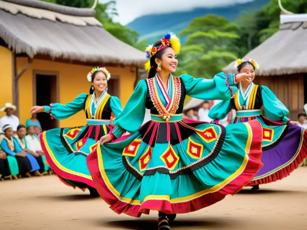 Grupo de bailarines folclóricos vistiendo trajes vibrantes y elaborados, danzando con pasión en una plaza de pueblo