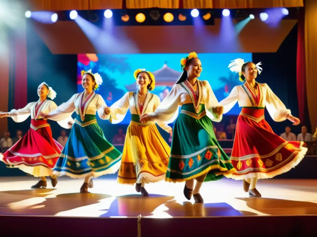 Grupo de bailarines folclóricos con trajes coloridos y energía vibrante