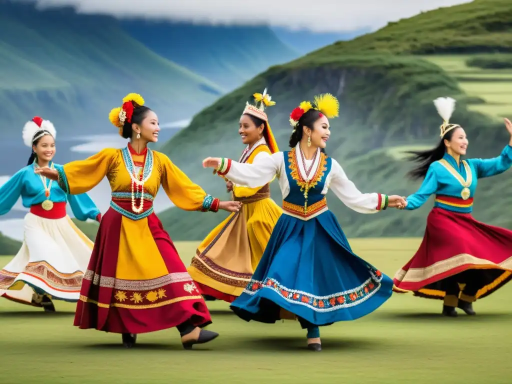 Grupo de bailarines folclóricos en trajes vibrantes ejecutando una rutina sincronizada en un impresionante paisaje natural