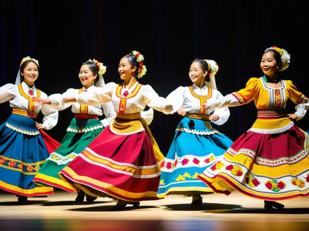 Grupo de bailarines folclóricos con trajes vibrantes y detallados, capturando la evolución del vestuario en danzas típicas