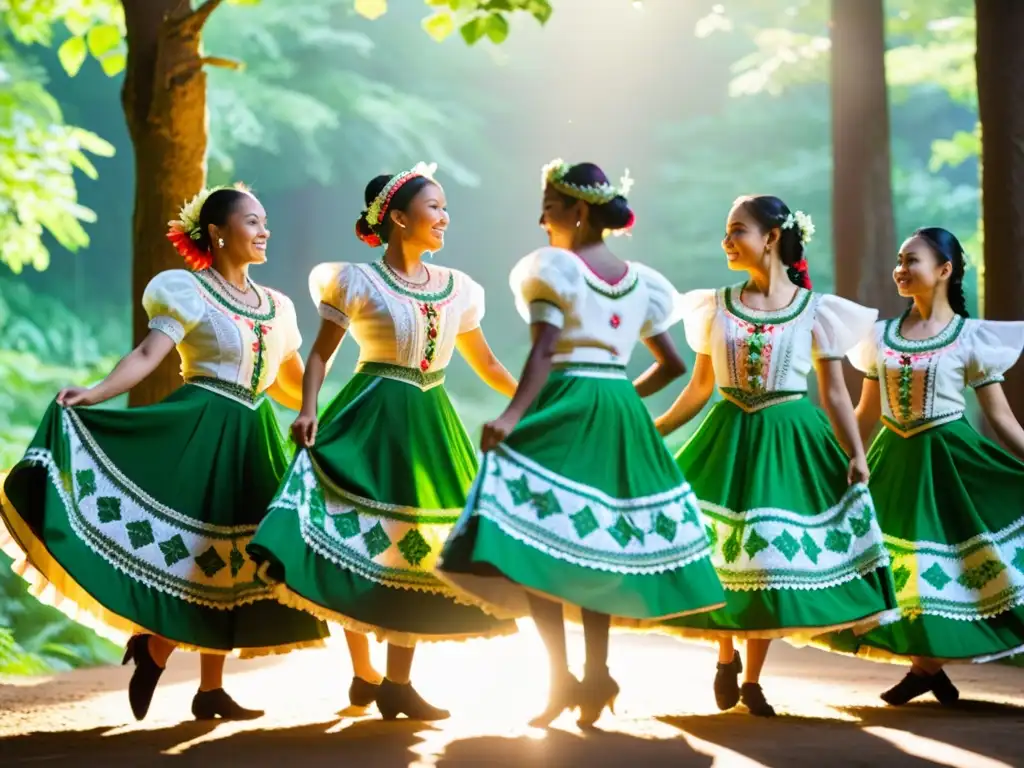 Grupo de bailarines folclóricos con trajes vibrantes y detallados, danzando en el bosque