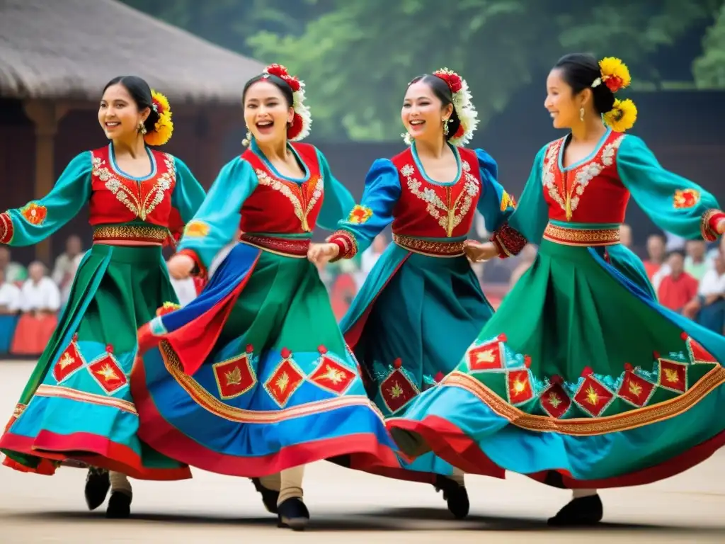 Grupo de bailarines folclóricos con trajes vibrantes, ejecutando movimientos precisos