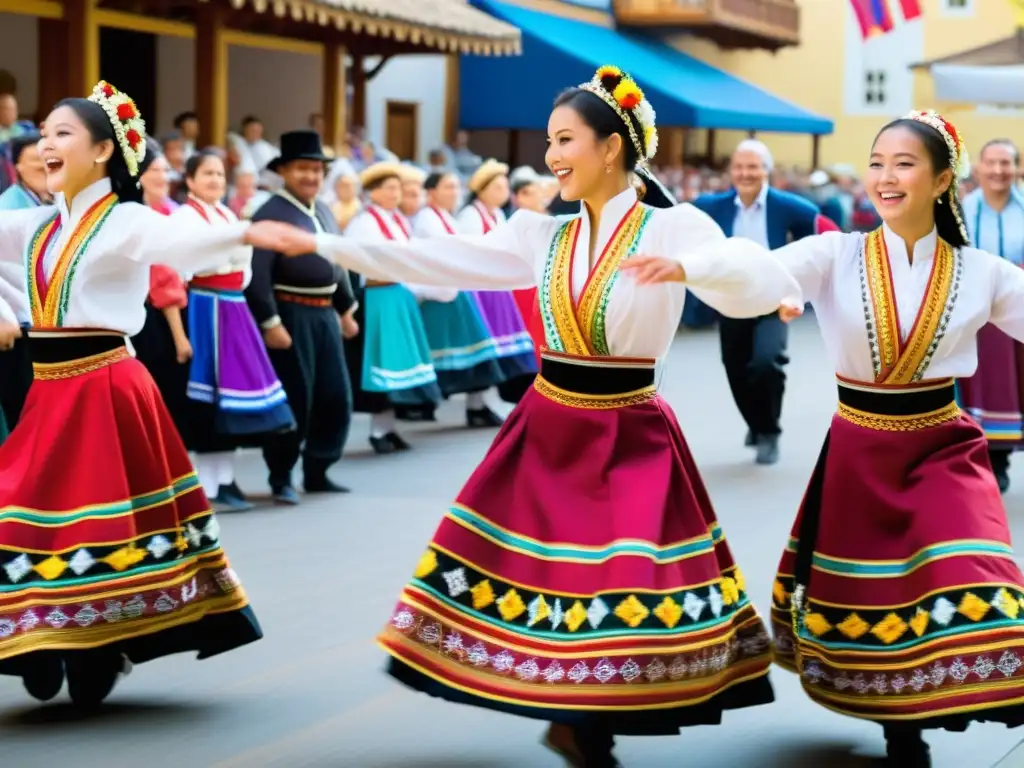 Grupo de bailarines folclóricos con trajes vibrantes danzan en una plaza, mientras la multitud observa maravillada