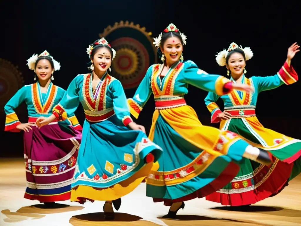 Un grupo de bailarines folclóricos con trajes vibrantes y detallados, representando diversas culturas en una performance dinámica