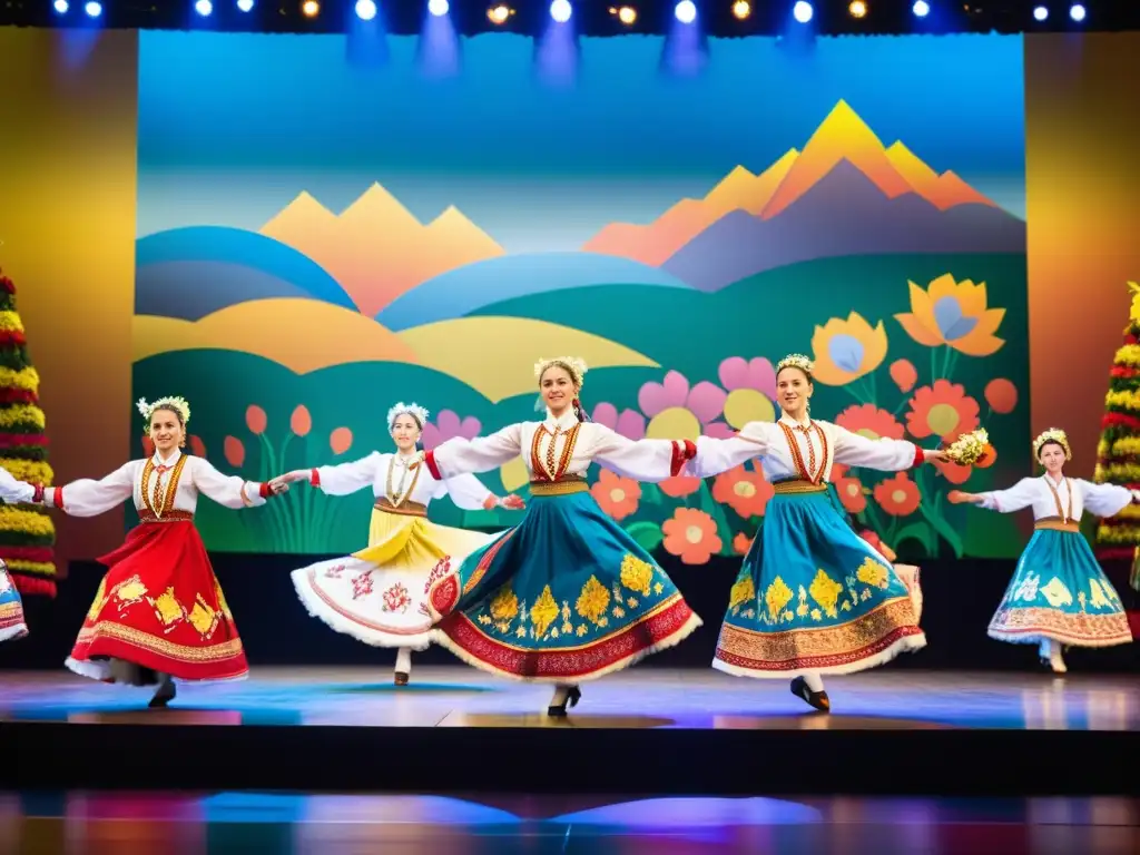 Grupo de bailarines folclóricos ucranianos en vibrantes trajes tradicionales, con movimientos llenos de energía y gracia