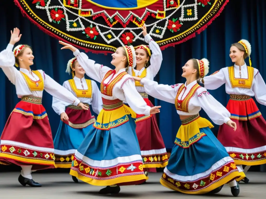 Un grupo de bailarines folclóricos ucranianos en trajes tradicionales, con patrones intrincados y colores vibrantes