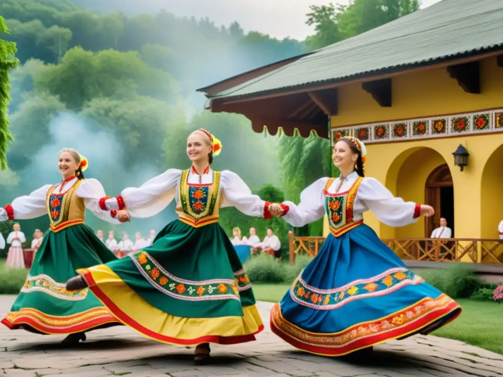 Grupo de bailarines folclóricos ucranianos danzando al aire libre, capturando el significado cultural de la danza folclórica ucraniana en un escenario vibrante y colorido, rodeados de exuberante vegetación y arquitectura tradicional