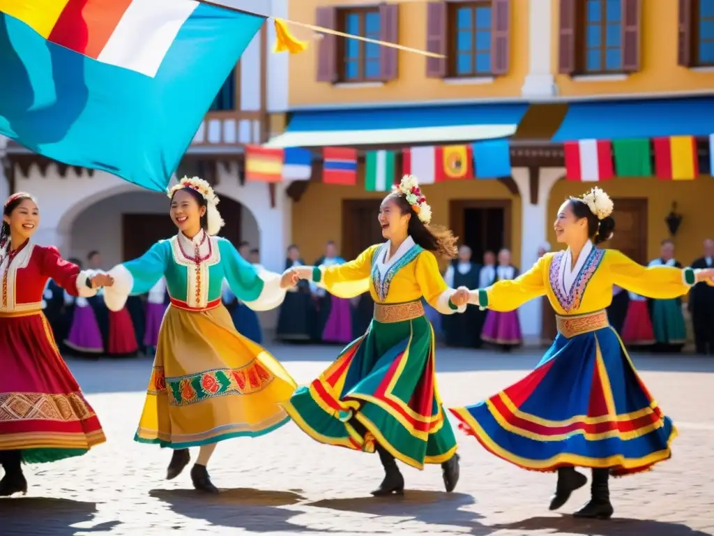 Grupo de bailarines folclóricos en vibrante danza tradicional en plaza soleada, expresando alegría y orgullo cultural