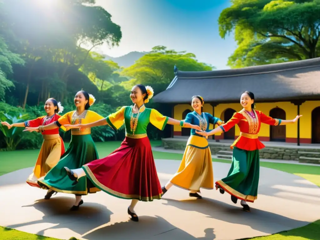 Baile folclórico vibrante en escenario natural Grupo de bailarines folclóricos en vibrante presentación al aire libre, con expresiones apasionadas