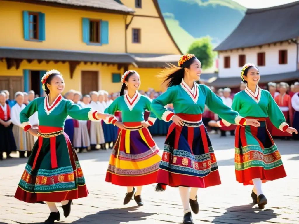 Grupo de bailarines folclóricos realizando una vibrante rutina en una plaza soleada, transmitiendo la rica herencia cultural