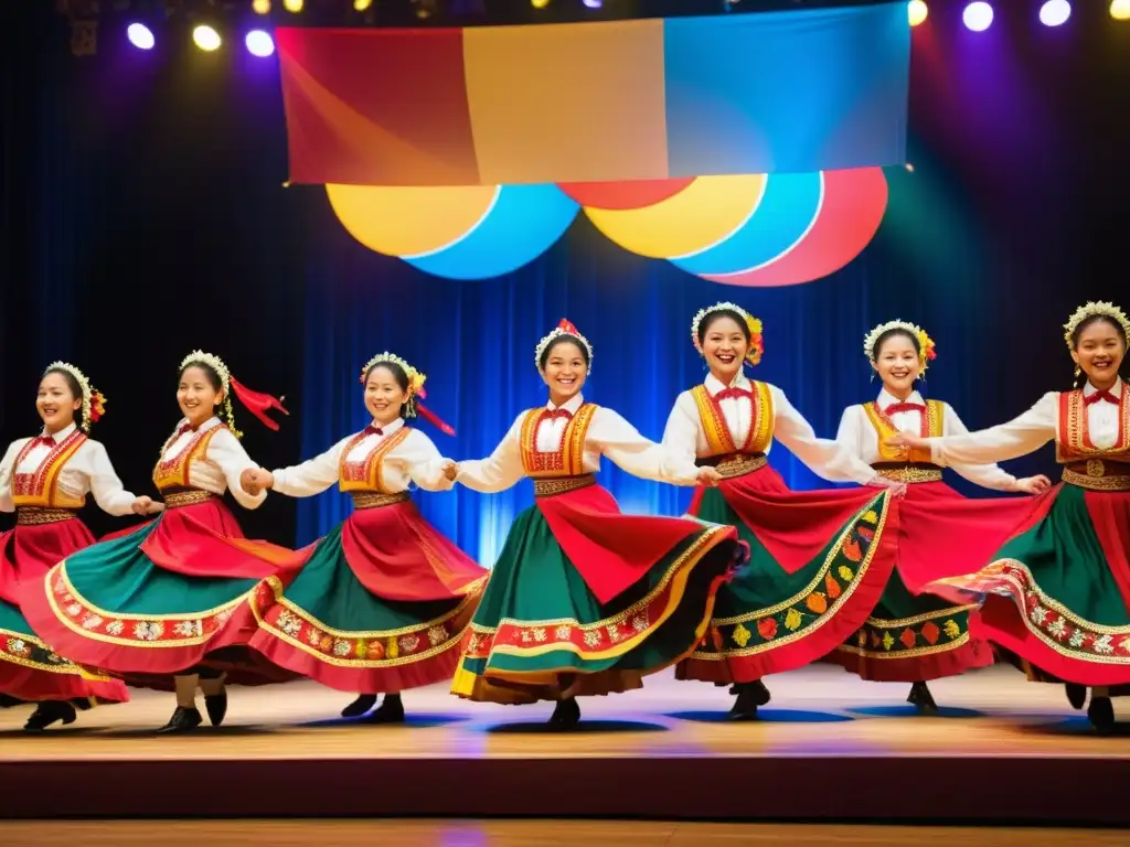 Grupo de bailarines folclóricos en vibrantes trajes bordados, en pleno espectáculo en una plataforma de streaming para danzas folclóricas