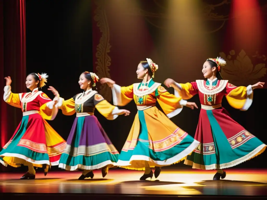 Grupo de bailarines folclóricos en vibrantes trajes, ejecutando una danza tradicional con pasión y técnica