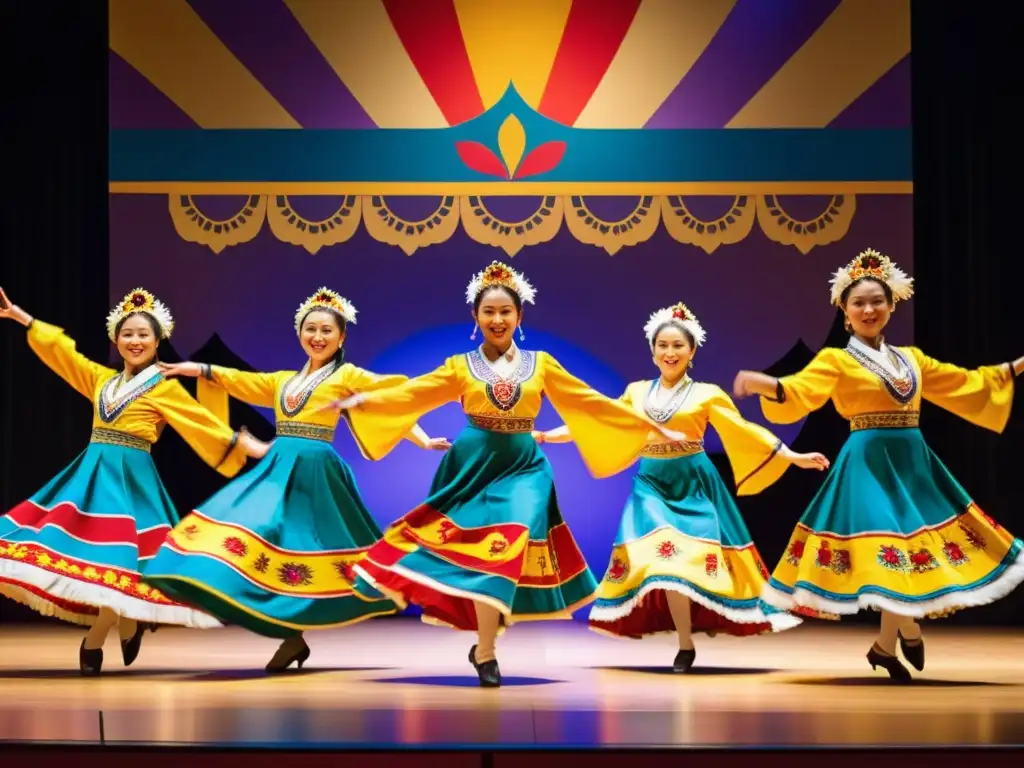 Grupo de bailarines folclóricos en vibrantes trajes, realizando una rutina sincronizada en el escenario