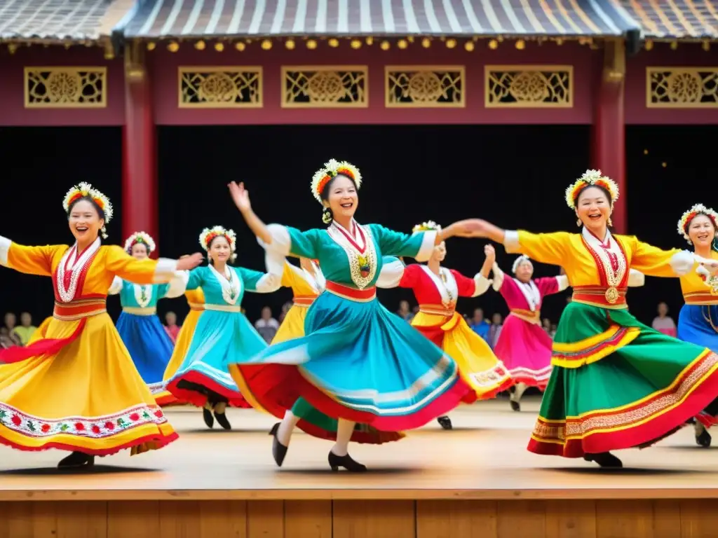 Grupo de bailarines folclóricos en vibrantes trajes realizan danza tradicional en festival de danza folk turismo