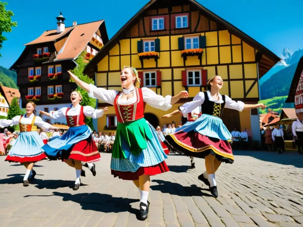 Grupo de bailarines de folklore bávaro ejecutando el enérgico Schuhplattler en una animada plaza del pueblo