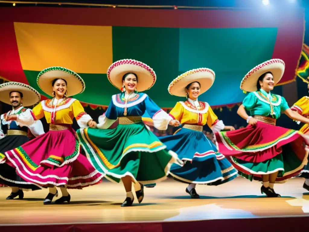 Grupo de bailarines folklóricos mexicanos realizando zapateado en un escenario, con trajes coloridos y energía palpable