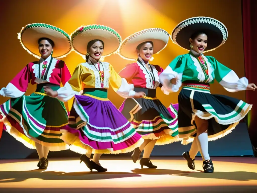 Grupo de bailarines folklóricos mexicanos en vibrantes trajes, ejecutando zapateado en un escenario festivo