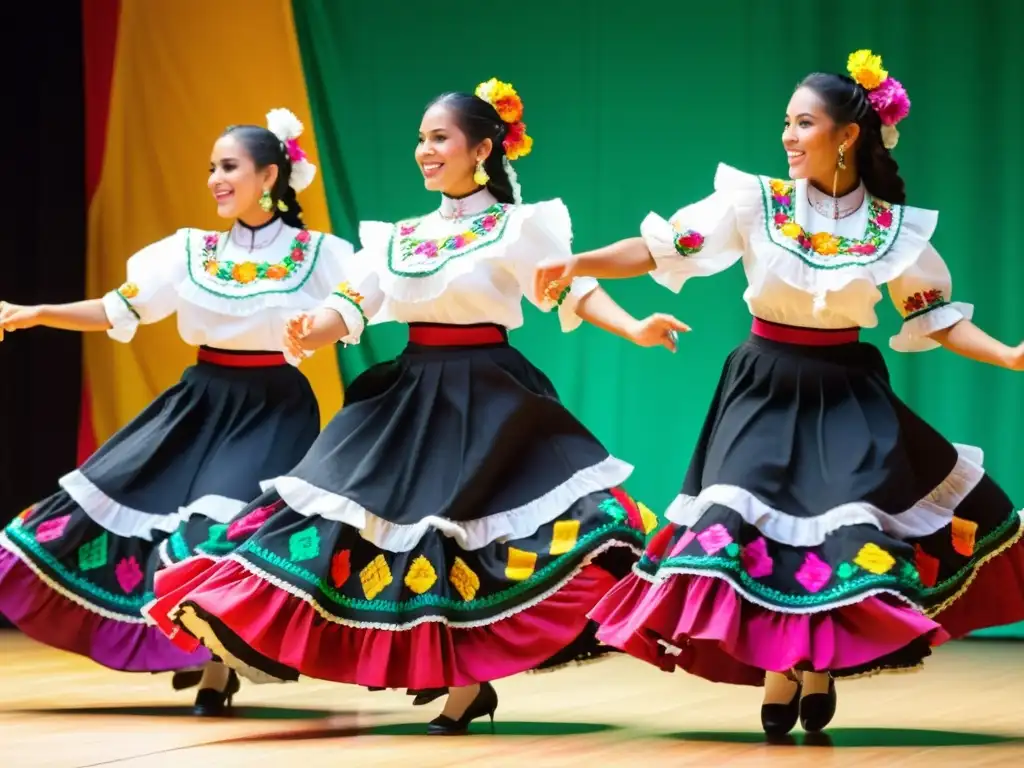 Un grupo de bailarines folklóricos mexicanos ejecutan un zapateado en un escenario soleado, luciendo trajes vibrantes y bordados