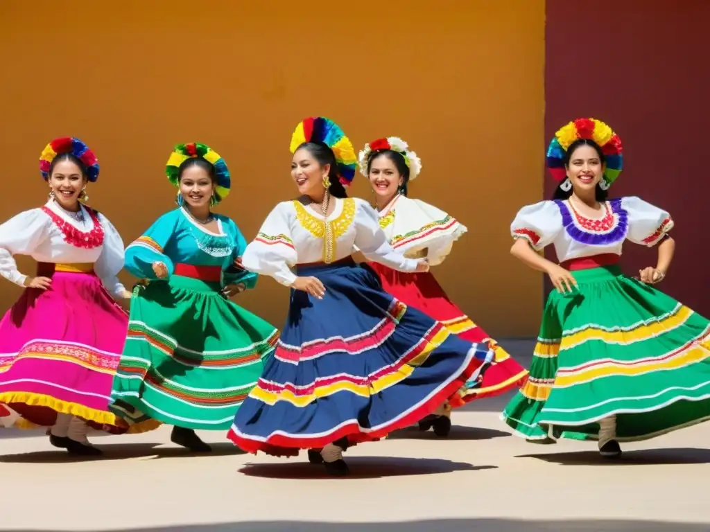 Un grupo de bailarines folklóricos mexicanos realiza un animado zapateado en un escenario al sol