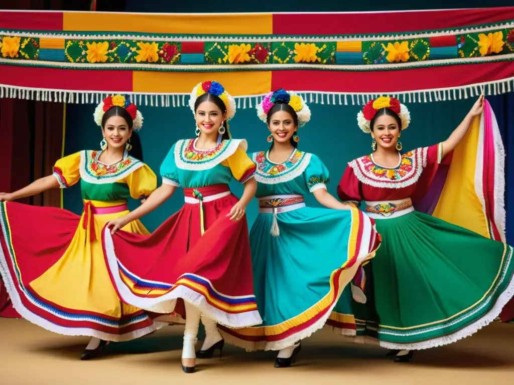 Grupo de bailarines folklóricos mexicanos en salto dinámico, vistiendo trajes vibrantes