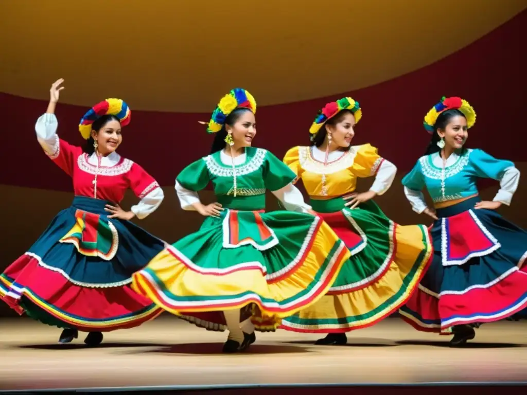 Un grupo de bailarines folklóricos mexicanos realiza el zapateado con pasión y destreza en un escenario colorido