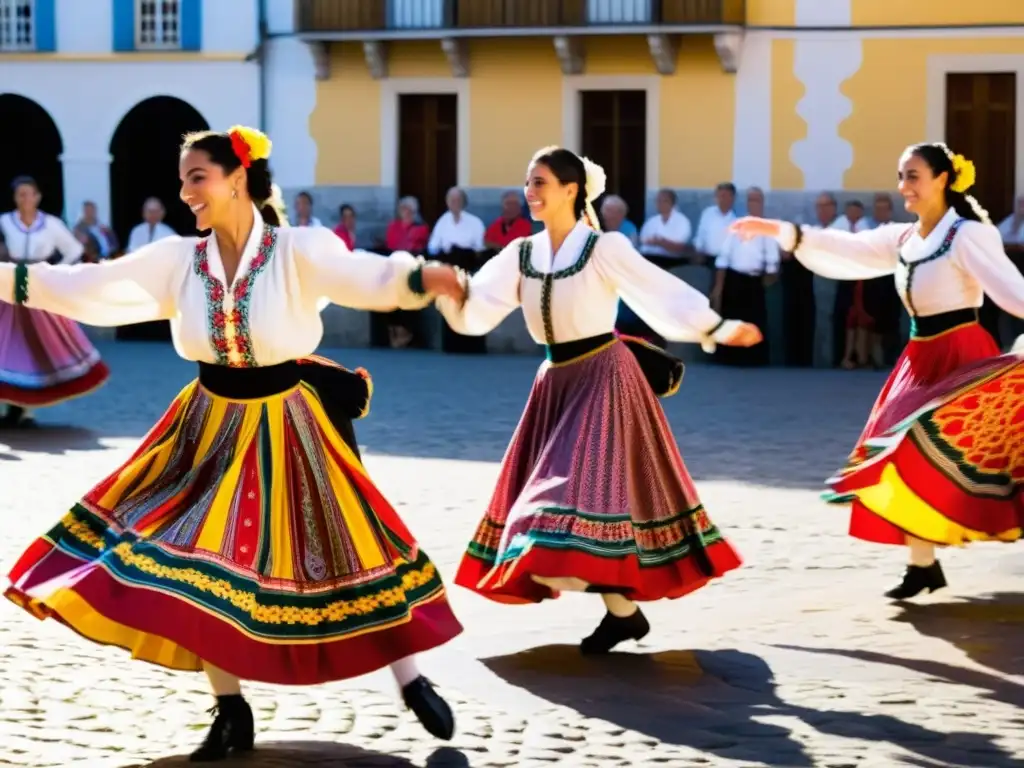 Grupo de bailarines folklóricos portugueses en vibrante actuación en la plaza del pueblo, inmersos en la rica tradición de Portugal