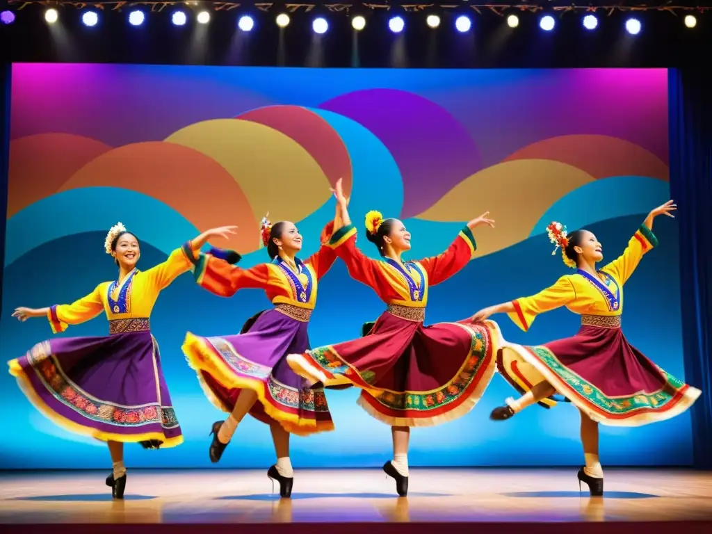 Un grupo de bailarines folklóricos profesionales ejecuta una formación sincronizada con pasión y gracia en trajes tradicionales vibrantes