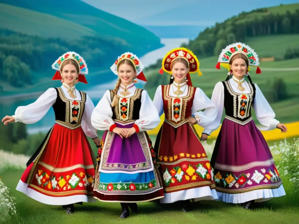 Grupo de bailarines folklóricos rusos en trajes vibrantes y ornamentos florales, danzando con gracia en paisaje rural