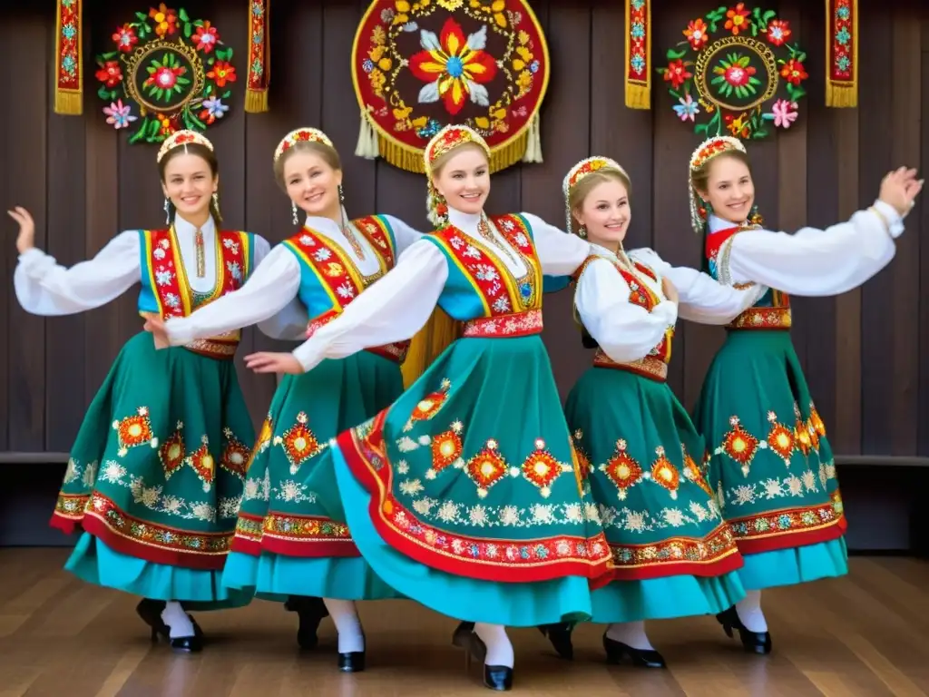 Grupo de bailarines folklóricos rusos en trajes vibrantes y detallados, capturando la energía y gracia de la danza tradicional rusa