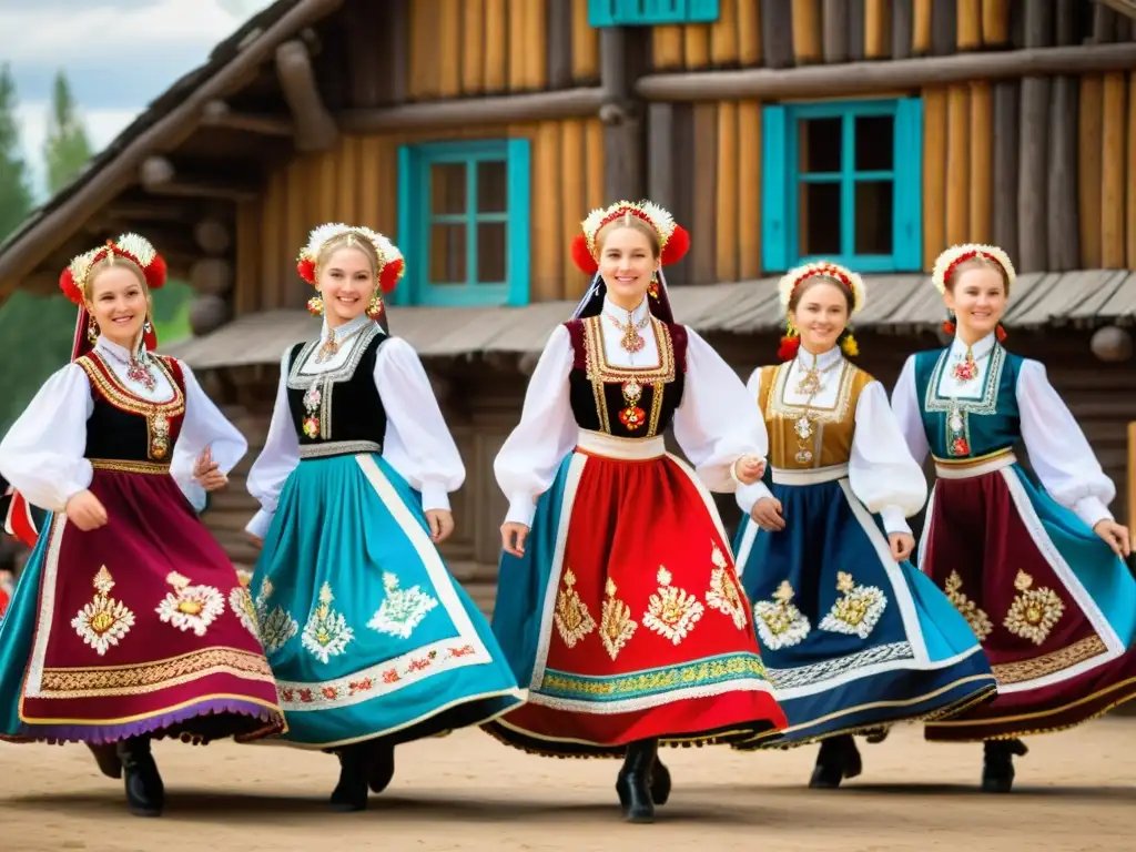 Grupo de bailarines folklóricos rusos con trajes vibrantes y ornamentados, danza en un escenario de pueblo rústico