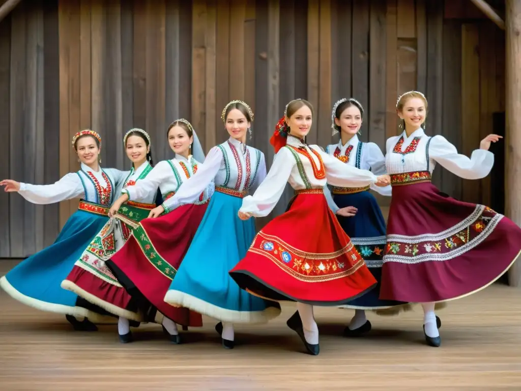 Grupo de bailarines folklóricos rusos con trajes tradicionales vibrantes y bordados, expresando significado cultural en su danza