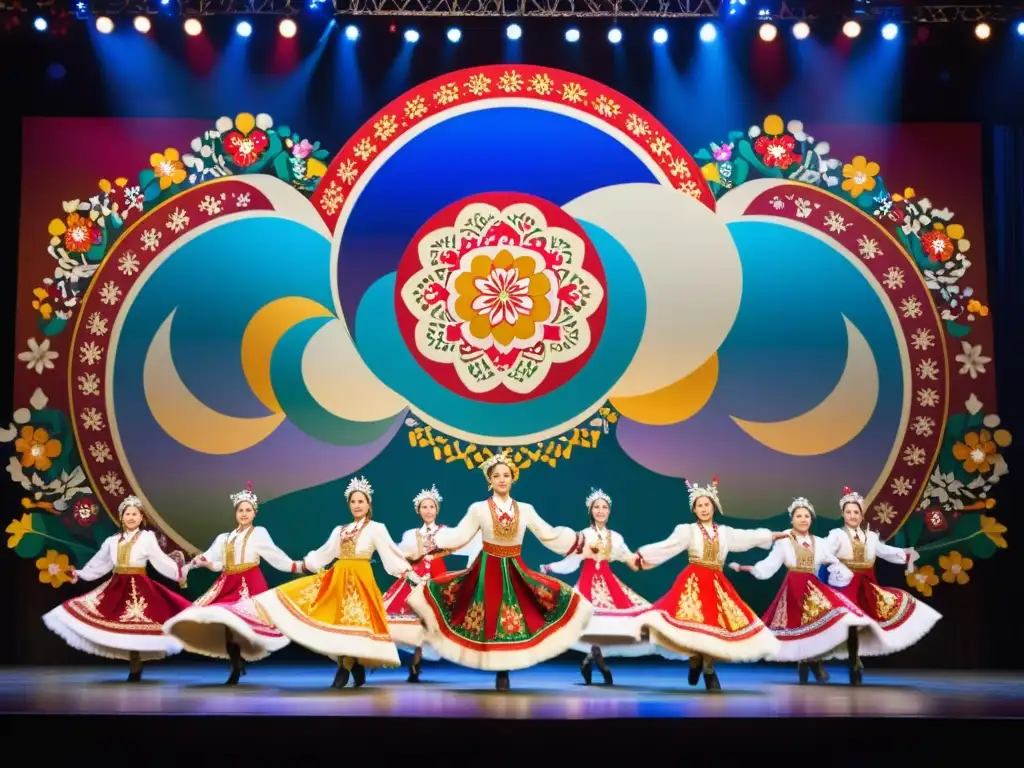 Grupo de bailarines folklóricos rusos en salto dinámico