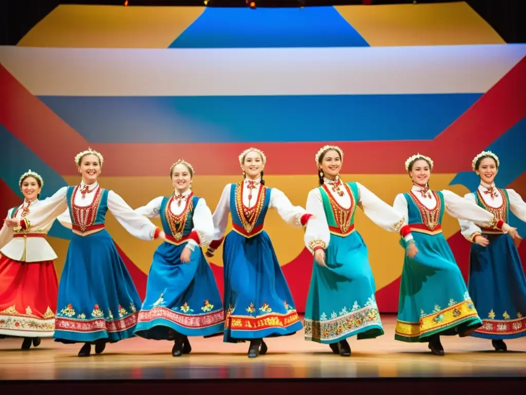 Grupo de bailarines folklóricos rusos en coloridos trajes tradicionales, realizando una danza sincronizada con movimientos expresivos y un fondo vibrante que representa escenas de la naturaleza y el folclore ruso